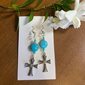 Silver Cross Earrings with Turquoise Beads